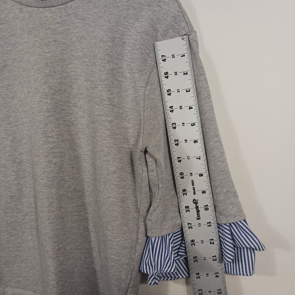 Lauren Ralph Lauren S Casual Gray Top 3/4 Sleeve W/ Navy/White Pinstripe Ruffle - Picture 12 of 15
